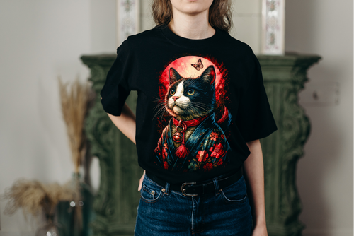 Playera negra de Grim Textile con estapado de gato oriental.