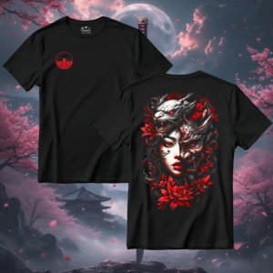 Playera negra estampado de mujer y dragón.
