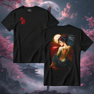 Playera negra estampada con una mujer con una bocina